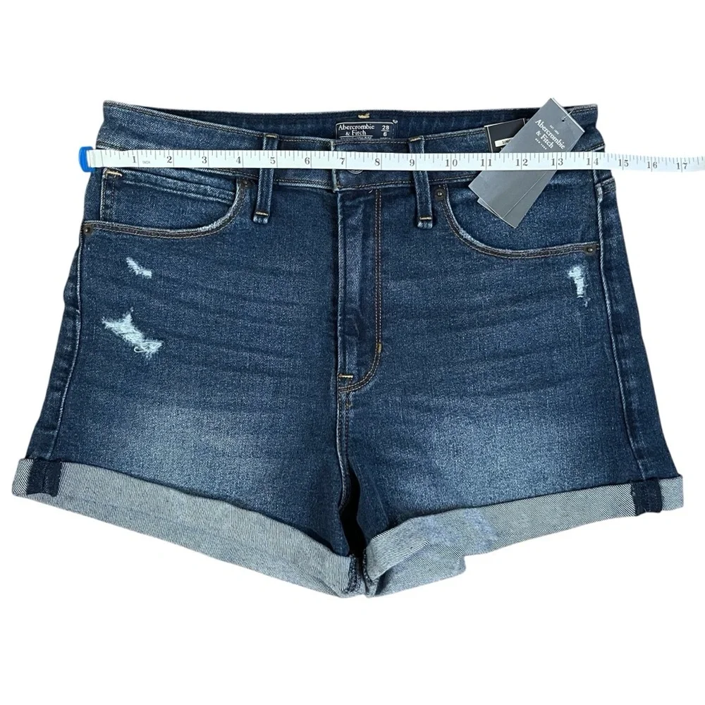 Abercrombie & Fitch Simone High‎ Rise Jean Shorts Dark Blue 28/6 NWT Distressed - Picture 5 of 7